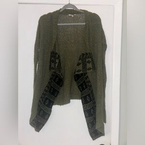 Mudd Olive Cardigan with Black Geometric Design